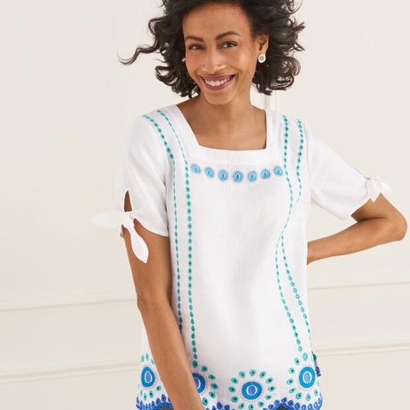 Talbots white linen blend embroidered eyelet tie sleeve square neck spring top L - Picture 2 of 12